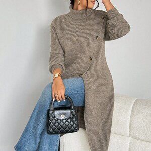 Khaki Asymmetrical Women's Plus Size Mid-Length Sweater